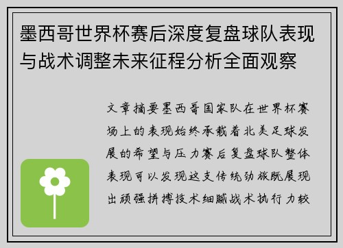墨西哥世界杯赛后深度复盘球队表现与战术调整未来征程分析全面观察